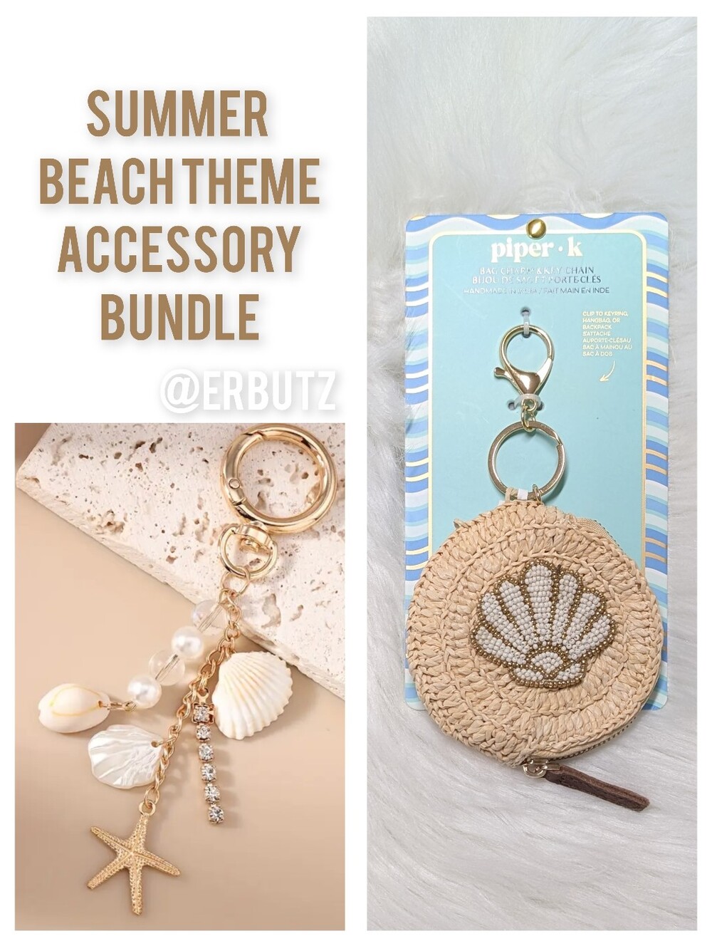 2pc Beachy Accessory Duo - Piper K Seashell Coin Purse Bag Charm, Shell Keychain